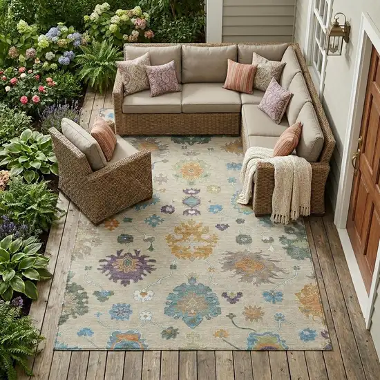 Beige And Green Oriental Washable Indoor Outdoor Area Rug Photo 1