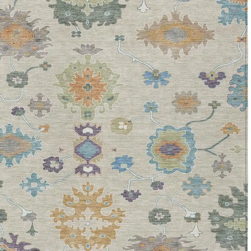 Beige And Green Oriental Washable Indoor Outdoor Area Rug Photo 3