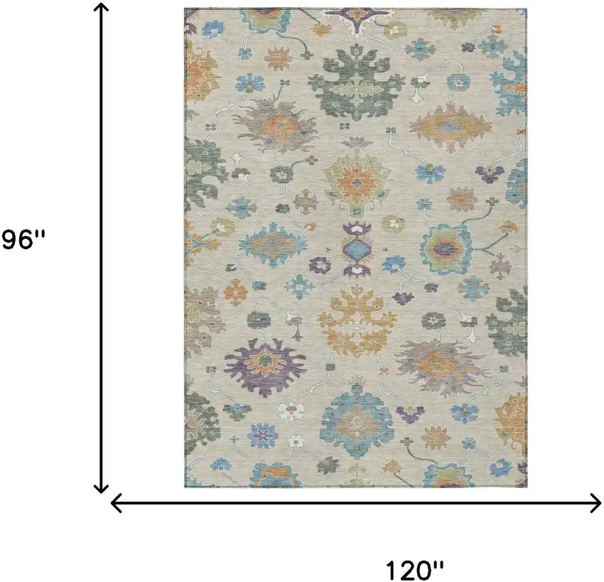 Beige And Green Oriental Washable Indoor Outdoor Area Rug Photo 7