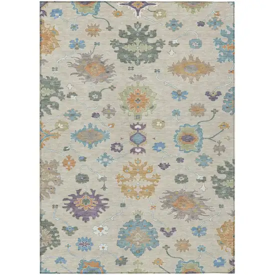 Beige And Green Oriental Washable Indoor Outdoor Area Rug Photo 2