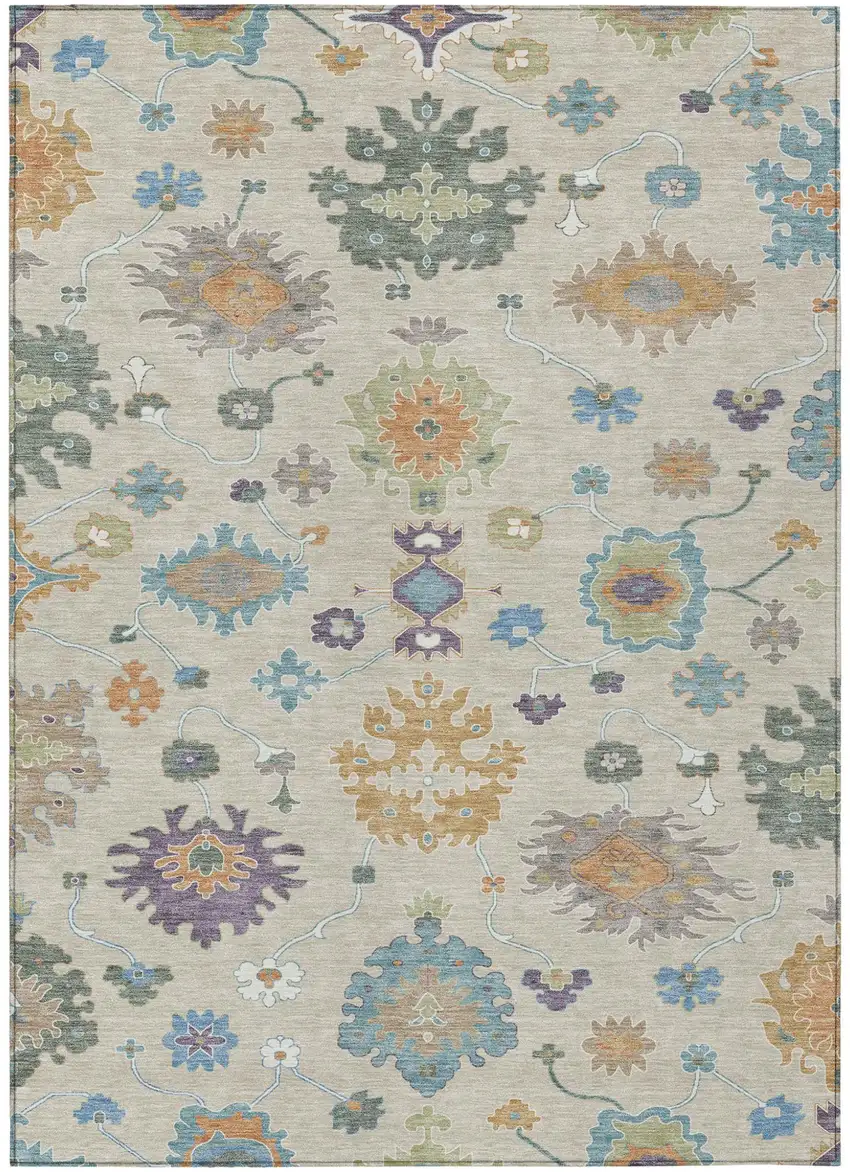 Beige And Green Oriental Washable Indoor Outdoor Area Rug Photo 2