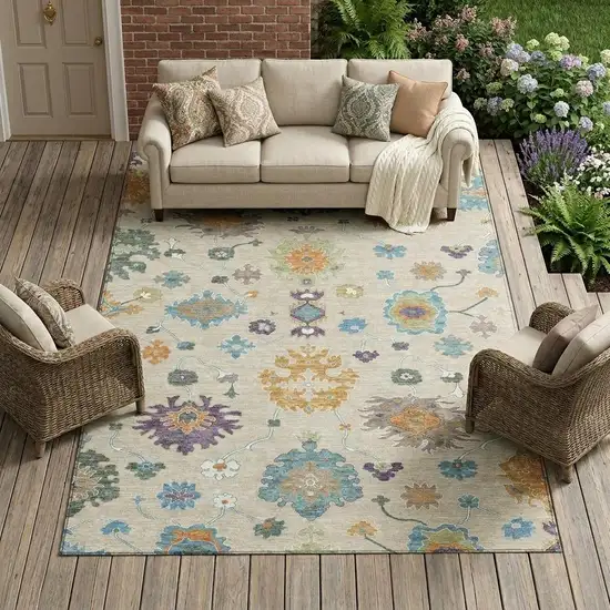 Beige And Green Oriental Washable Indoor Outdoor Area Rug Photo 1