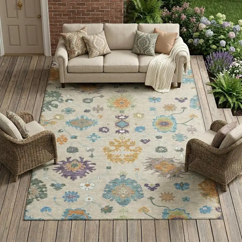 Beige And Green Oriental Washable Indoor Outdoor Area Rug Photo 1
