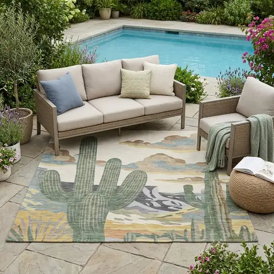 Beige And Green Trees Washable Indoor Outdoor Area Rug Photo 1
