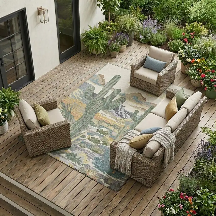 Beige And Green Trees Washable Indoor Outdoor Area Rug Photo 1