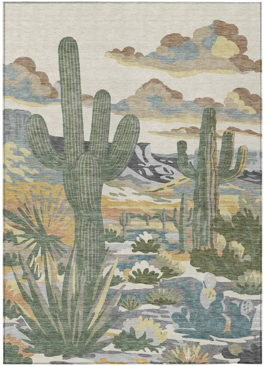 Beige And Green Trees Washable Indoor Outdoor Area Rug Photo 2