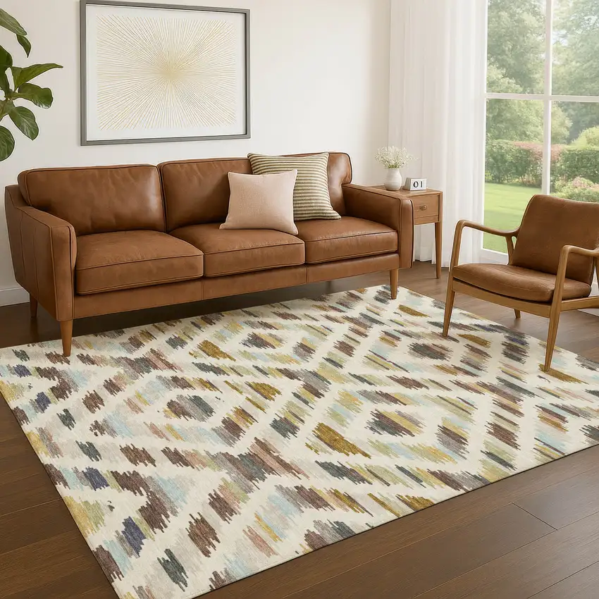Beige And Green Tribal Washable Indoor Outdoor Area Rug Photo 5