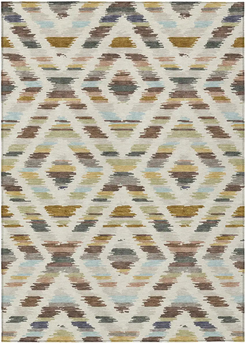 Beige And Green Tribal Washable Indoor Outdoor Area Rug Photo 8
