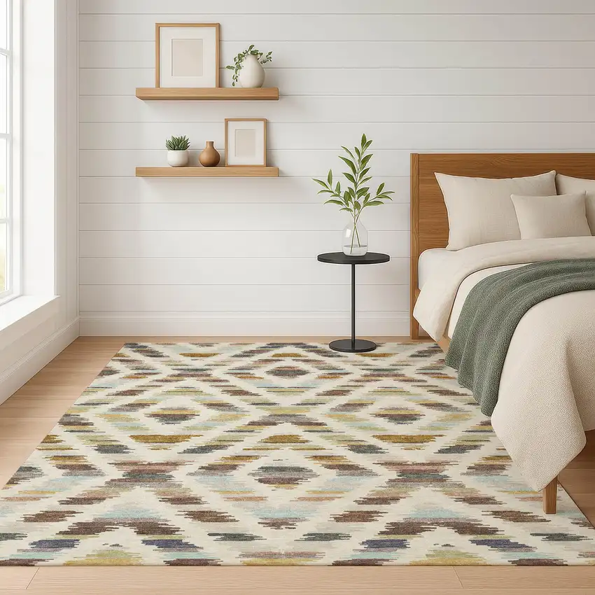 Beige And Green Tribal Washable Indoor Outdoor Area Rug Photo 6