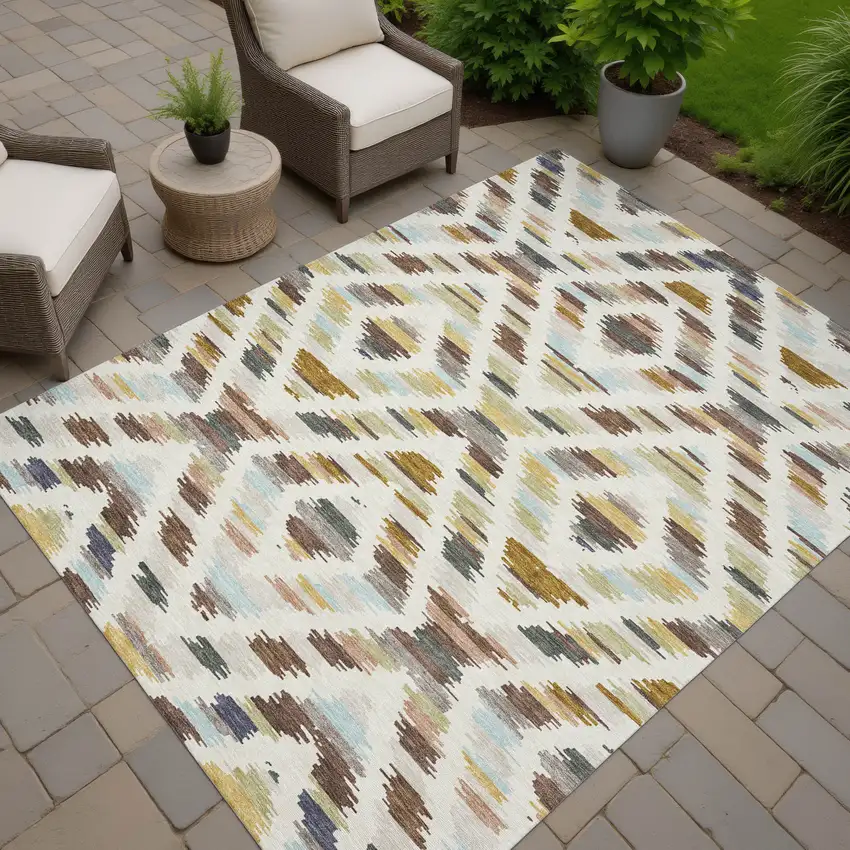 Beige And Green Tribal Washable Indoor Outdoor Area Rug Photo 7