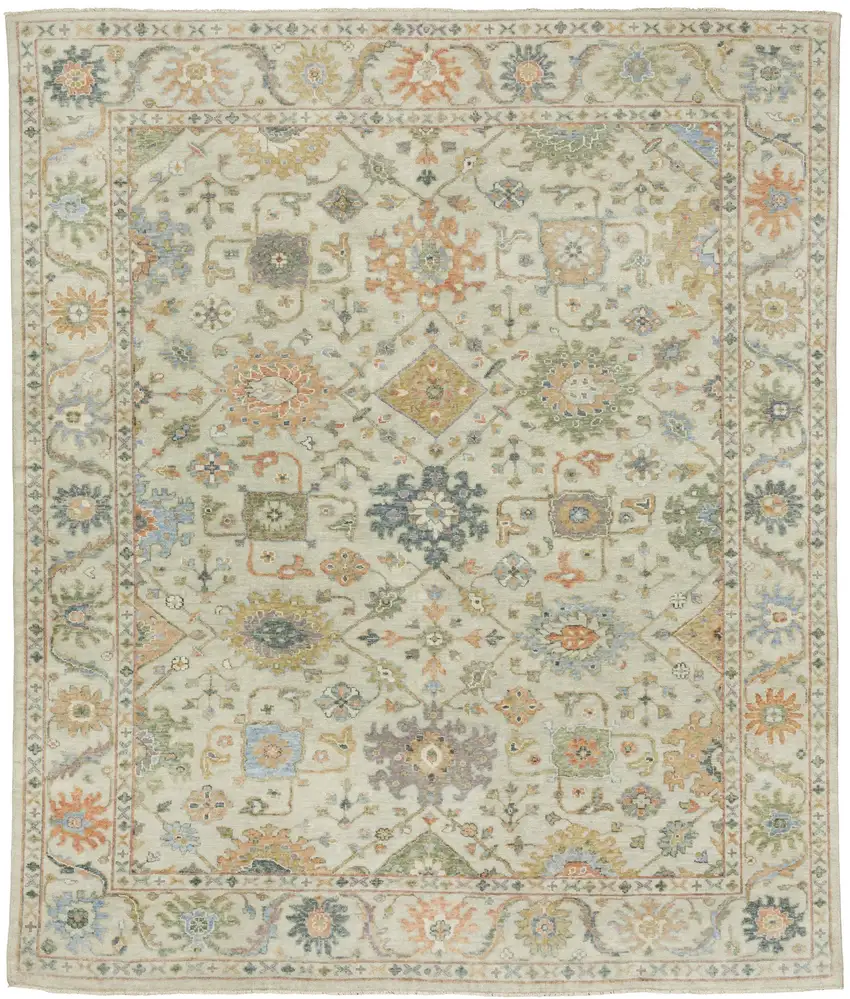 Beige And Green Wool Oriental Hand Knotted Area Rug With Fringe Photo 2