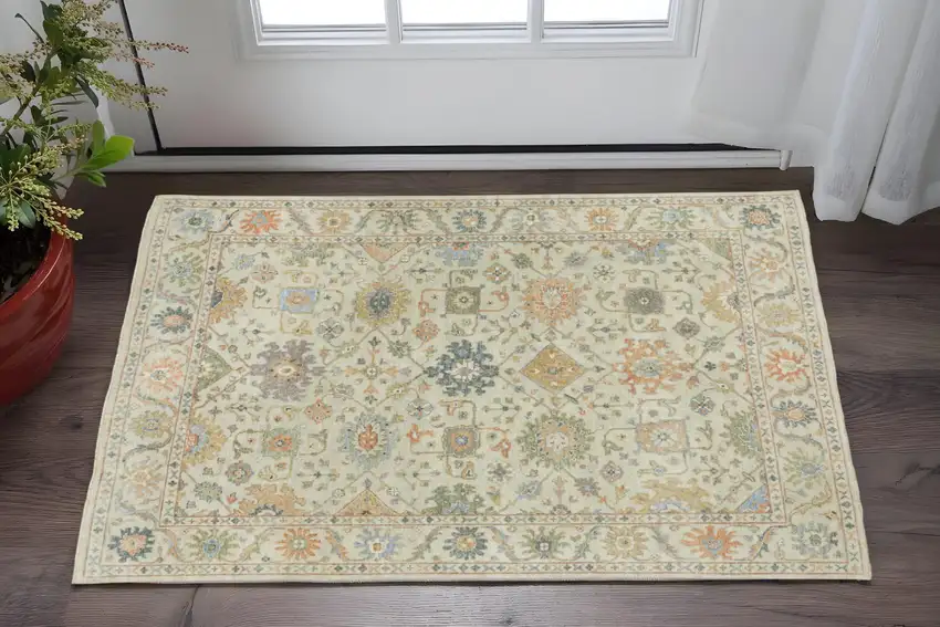 Beige And Green Wool Oriental Hand Knotted Area Rug With Fringe Photo 1