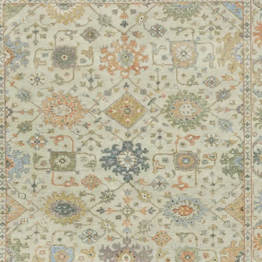 Beige And Green Wool Oriental Hand Knotted Area Rug With Fringe Photo 5