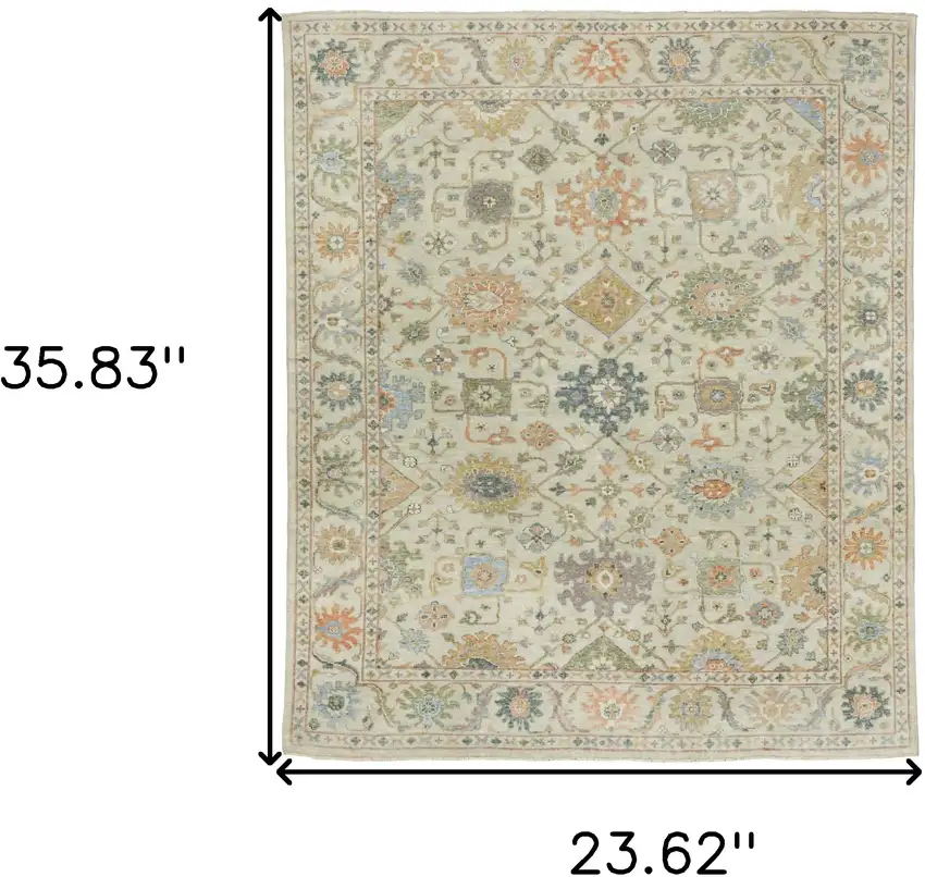 Beige And Green Wool Oriental Hand Knotted Area Rug With Fringe Photo 3