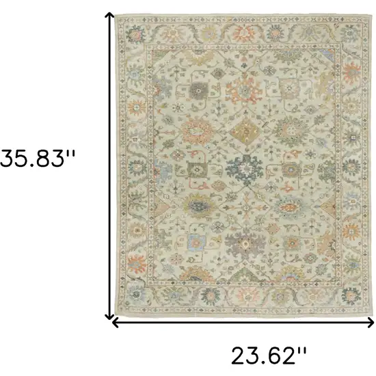 Beige And Green Wool Oriental Hand Knotted Area Rug With Fringe Photo 3