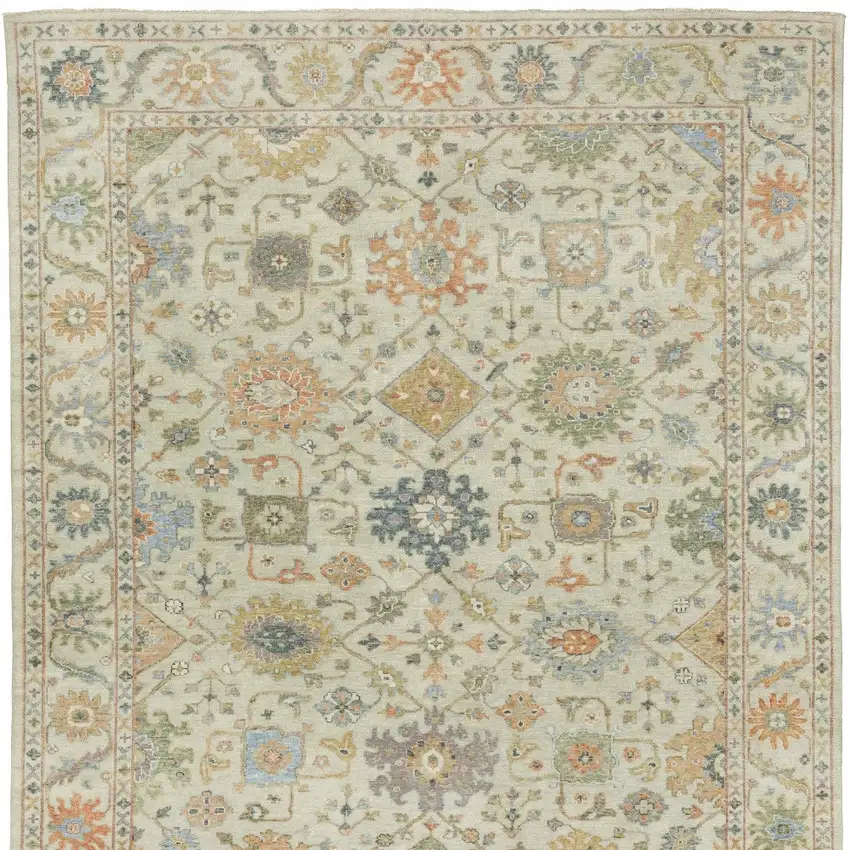 Beige And Green Wool Oriental Hand Knotted Area Rug With Fringe Photo 4