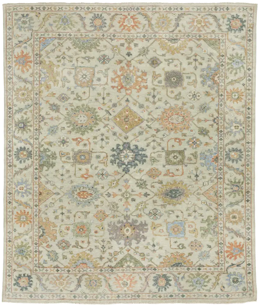 Beige And Green Wool Oriental Hand Knotted Area Rug With Fringe Photo 4