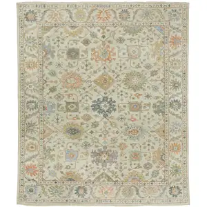 Photo of Beige And Green Wool Oriental Hand Knotted Area Rug With Fringe