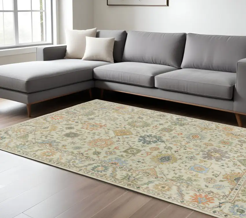 Beige And Green Wool Oriental Hand Knotted Area Rug With Fringe Photo 1