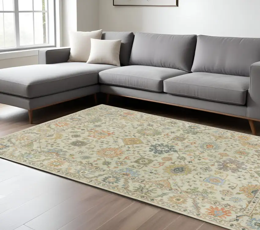 Beige And Green Wool Oriental Hand Knotted Area Rug With Fringe Photo 1