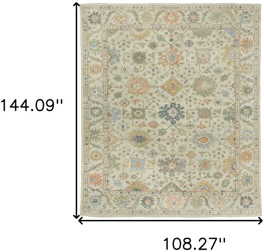 Beige And Green Wool Oriental Hand Knotted Area Rug With Fringe Photo 3
