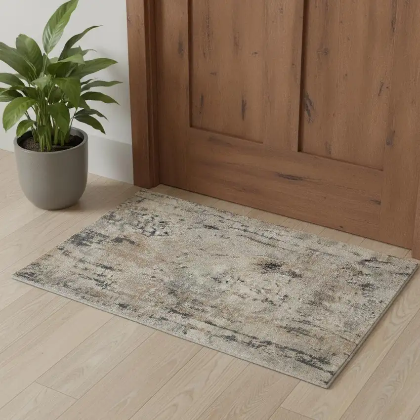 Beige And Grey Abstract Power Loom Non Skid Area Rug Photo 1