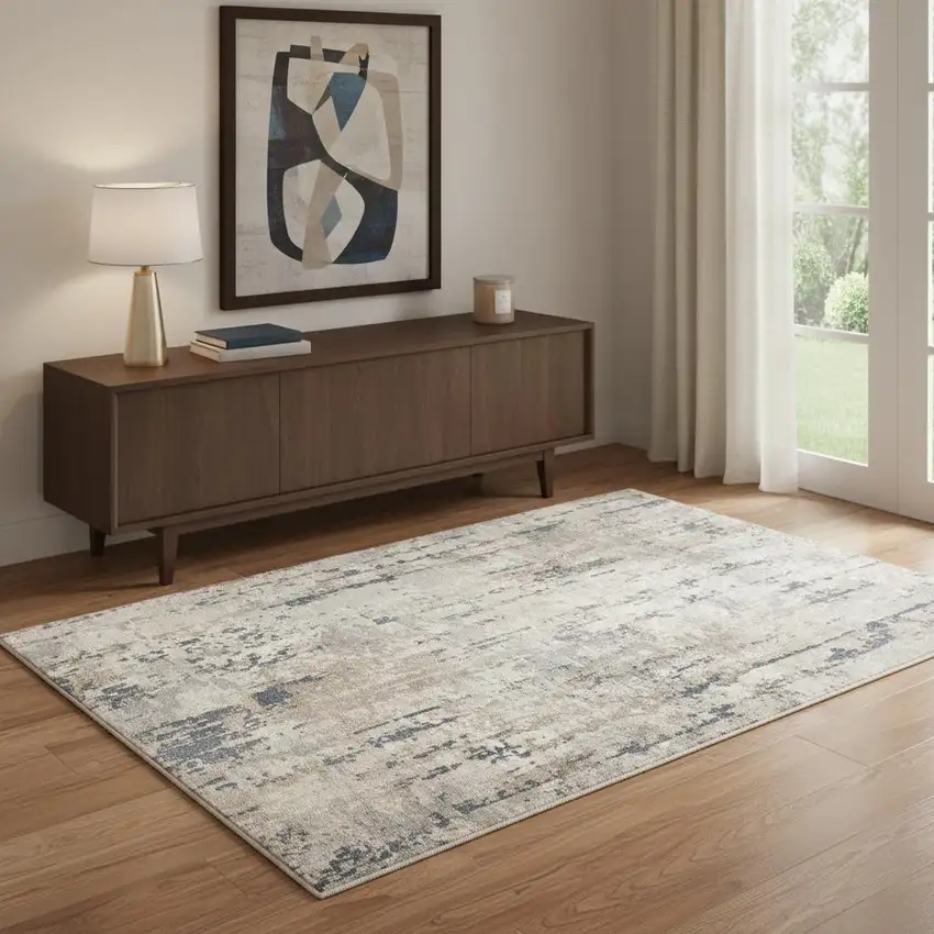 Beige And Grey Abstract Power Loom Non Skid Area Rug Photo 1