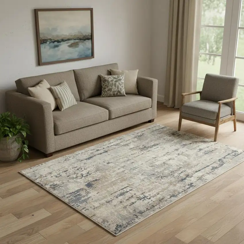 Beige And Grey Abstract Power Loom Non Skid Area Rug Photo 1