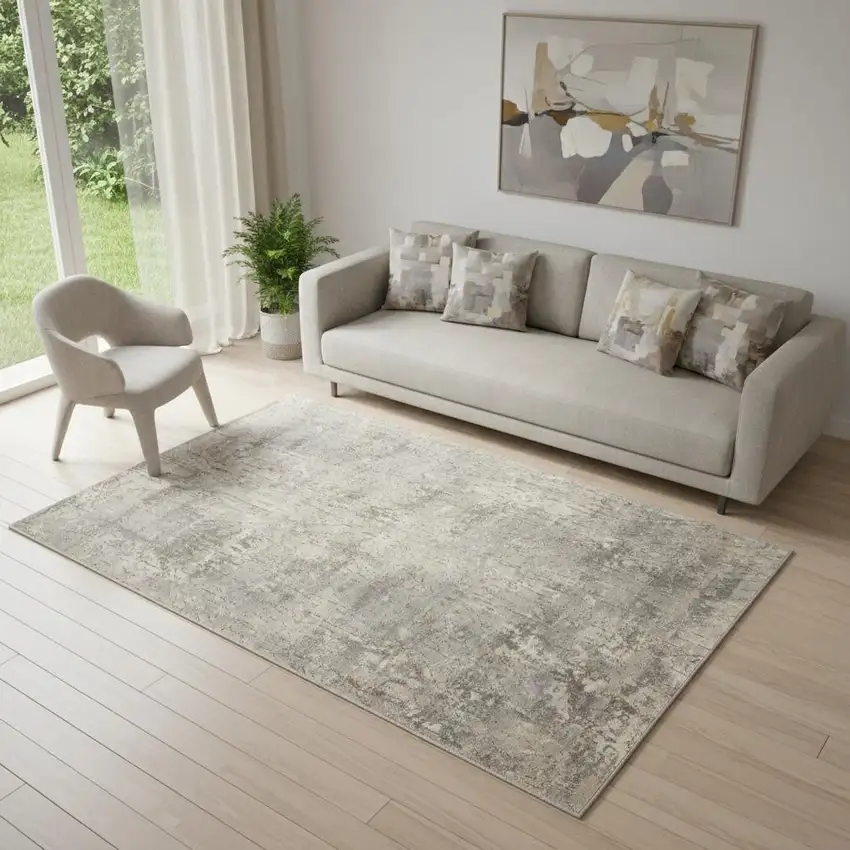 Beige And Grey Abstract Power Loom Non Skid Area Rug Photo 1