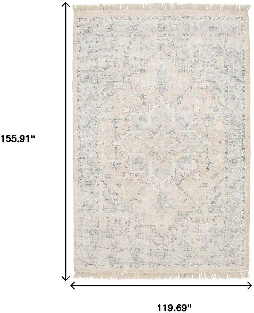 Beige And Grey Oriental Hand Loomed Stain Resistant Area Rug With Fringe Photo 3