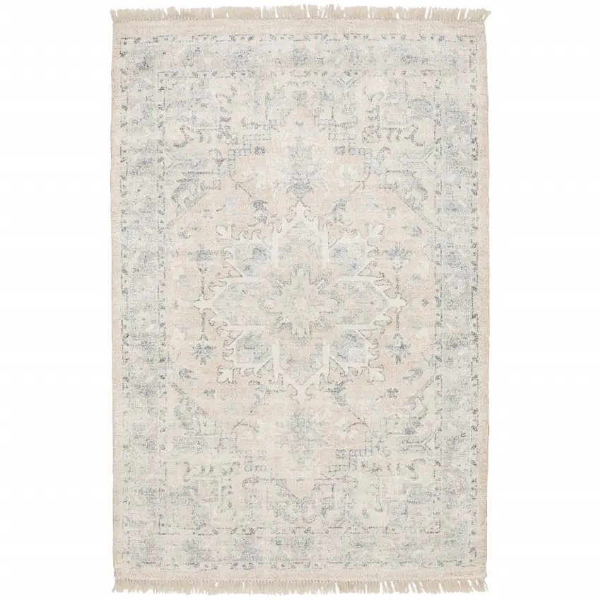Beige And Grey Oriental Hand Loomed Stain Resistant Area Rug With Fringe Photo 2