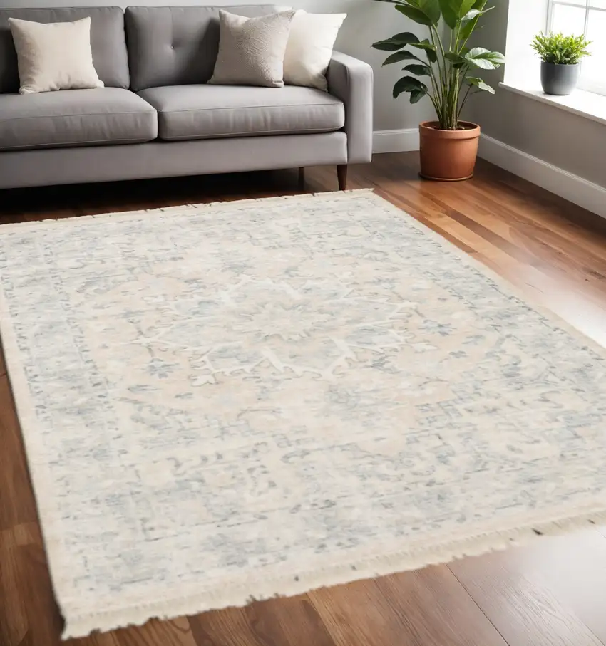 Beige And Grey Oriental Hand Loomed Stain Resistant Area Rug With Fringe Photo 1