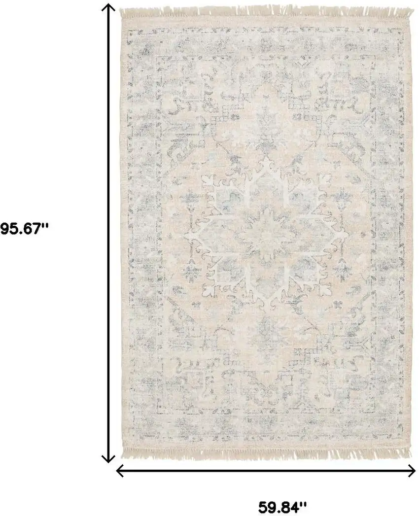Beige And Grey Oriental Hand Loomed Stain Resistant Area Rug With Fringe Photo 3