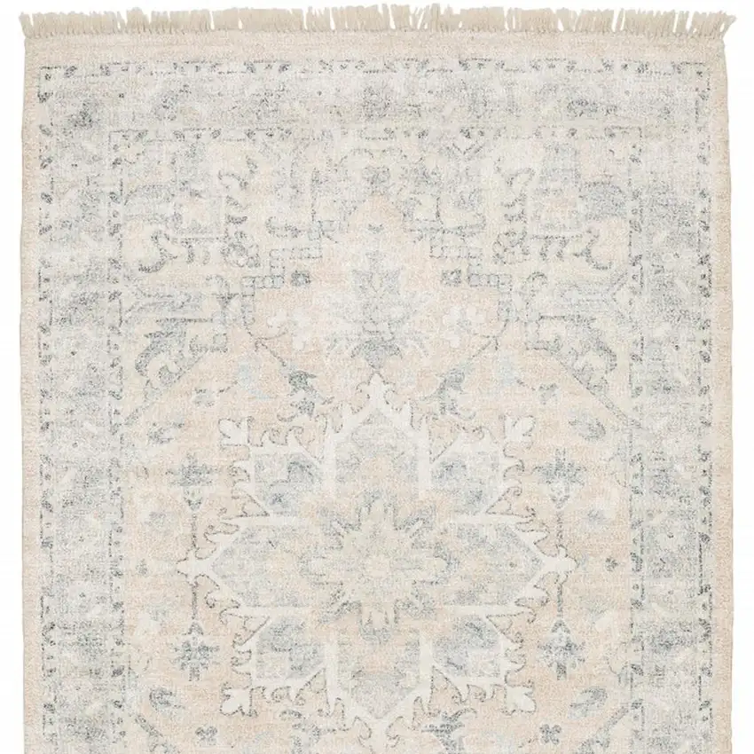Beige And Grey Oriental Hand Loomed Stain Resistant Area Rug With Fringe Photo 5