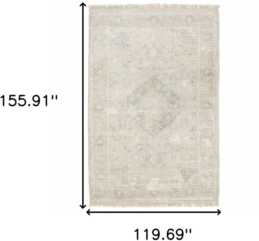 Beige And Grey Oriental Hand Loomed Stain Resistant Area Rug With Fringe Photo 9