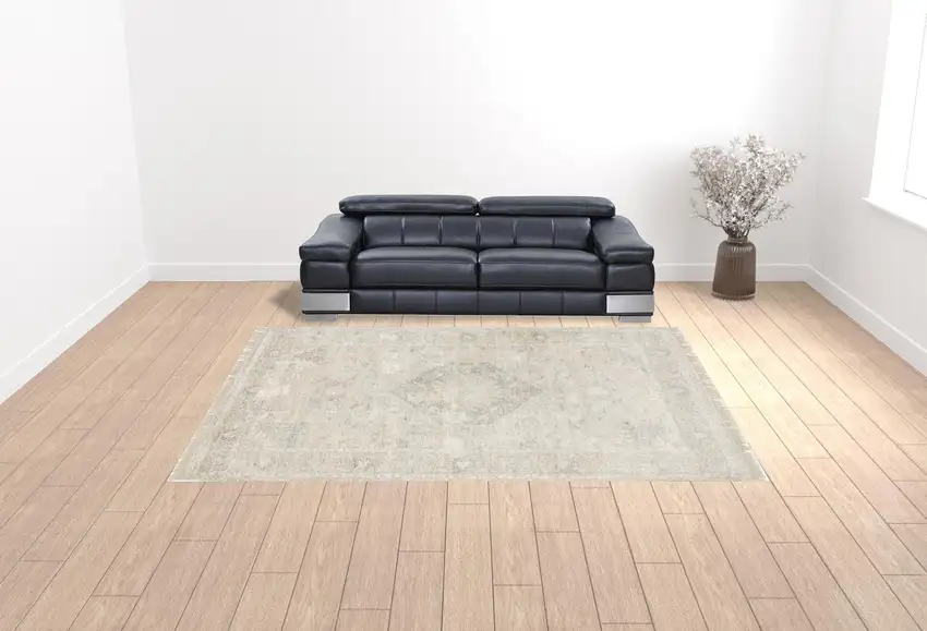 Beige And Grey Oriental Hand Loomed Stain Resistant Area Rug With Fringe Photo 2
