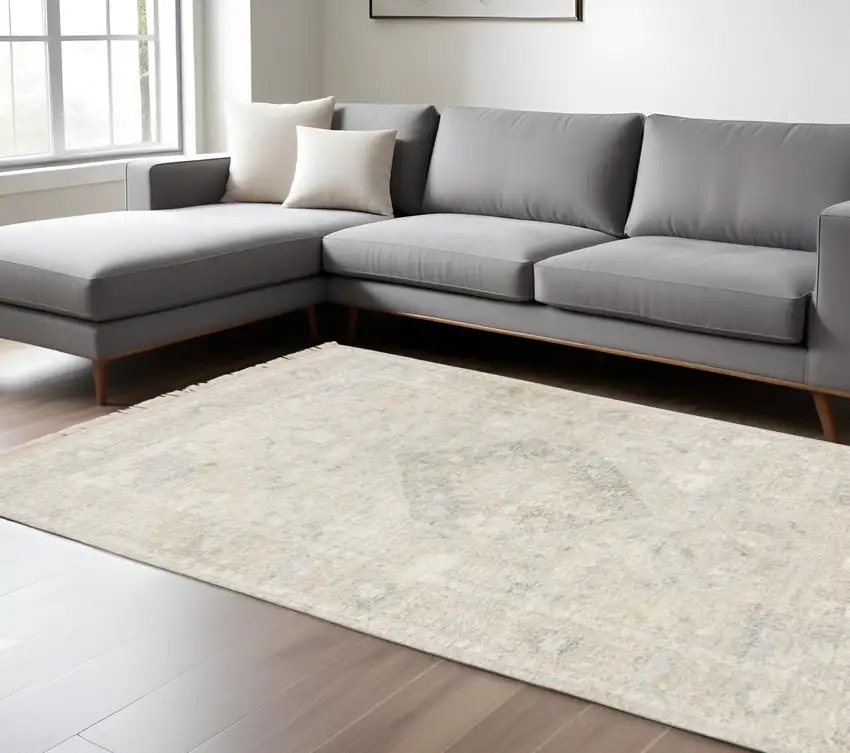 Beige And Grey Oriental Hand Loomed Stain Resistant Area Rug With Fringe Photo 1