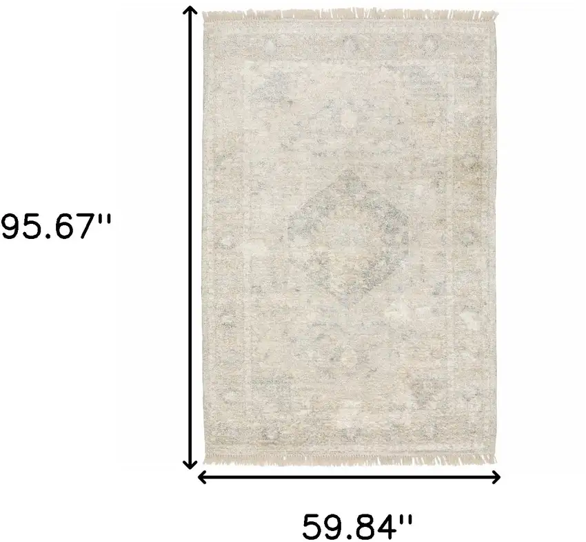 Beige And Grey Oriental Hand Loomed Stain Resistant Area Rug With Fringe Photo 10