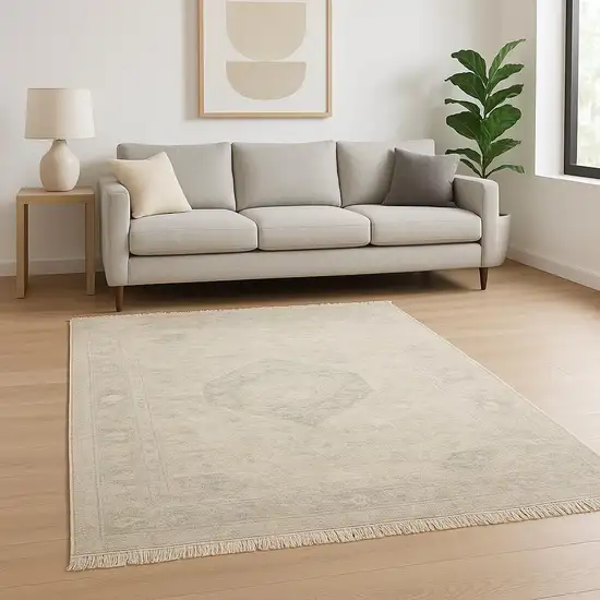 Beige And Grey Oriental Hand Loomed Stain Resistant Area Rug With Fringe Photo 1