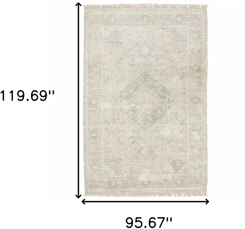 Beige And Grey Oriental Hand Loomed Stain Resistant Area Rug With Fringe Photo 10