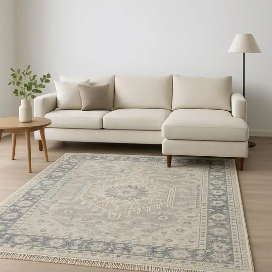 Beige And Grey Oriental Hand Loomed Stain Resistant Area Rug With Fringe Photo 1