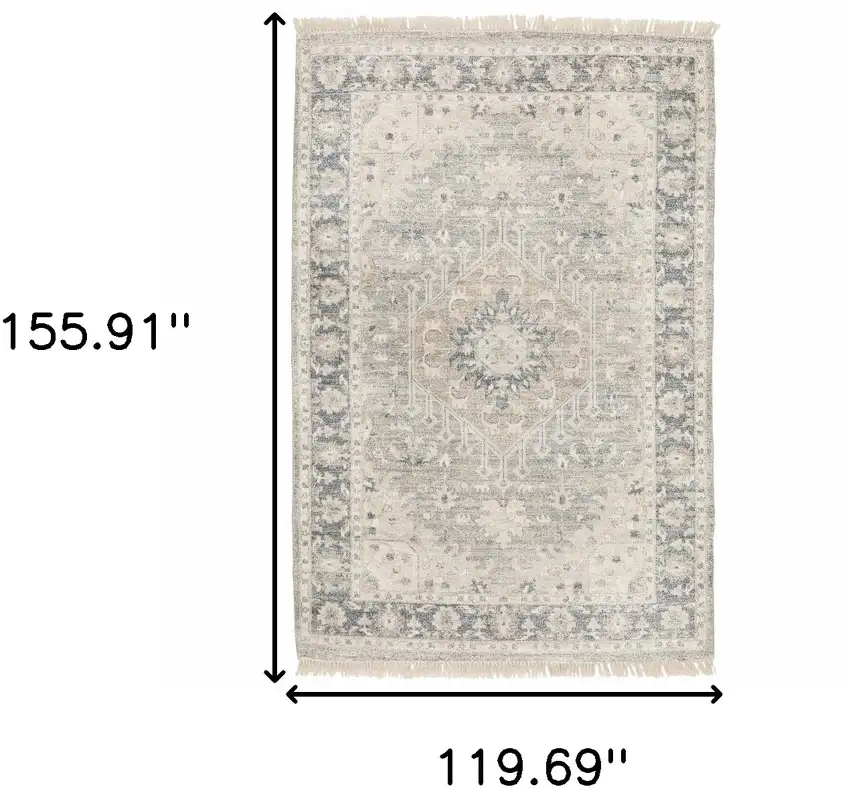 Beige And Grey Oriental Hand Loomed Stain Resistant Area Rug With Fringe Photo 10