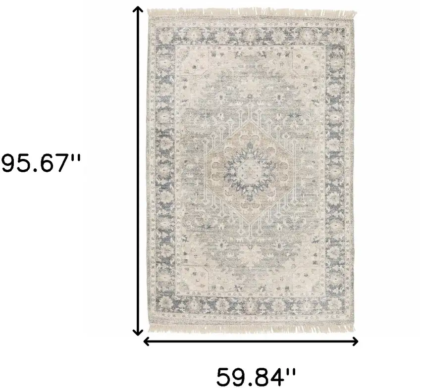 Beige And Grey Oriental Hand Loomed Stain Resistant Area Rug With Fringe Photo 10