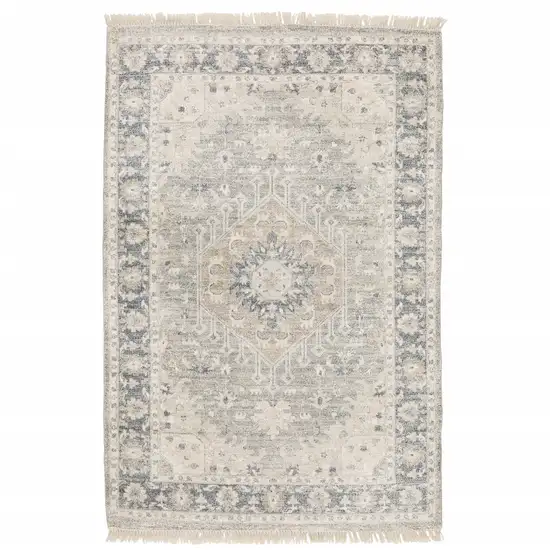 Beige And Grey Oriental Hand Loomed Stain Resistant Area Rug With Fringe Photo 2