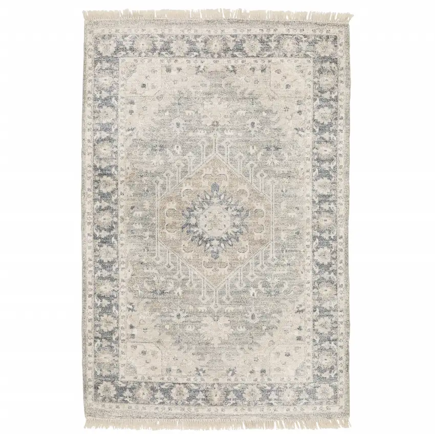 Beige And Grey Oriental Hand Loomed Stain Resistant Area Rug With Fringe Photo 2