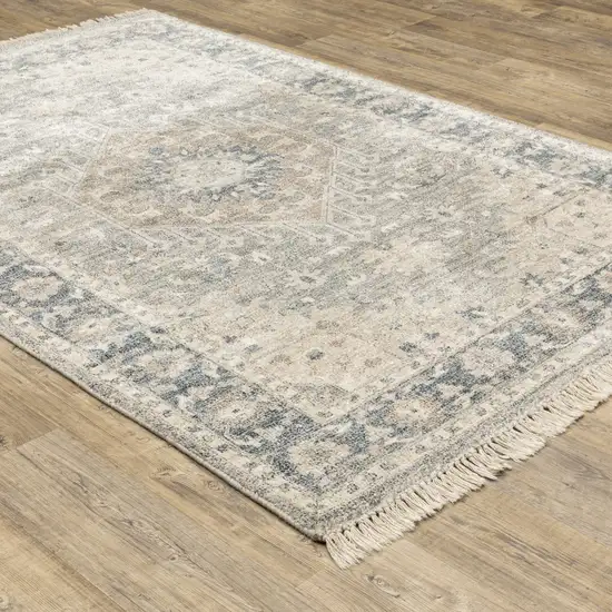 Beige And Grey Oriental Hand Loomed Stain Resistant Area Rug With Fringe Photo 6