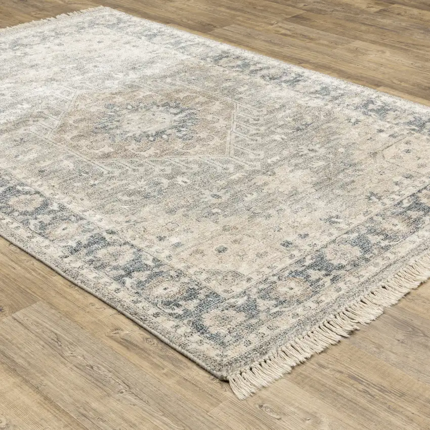 Beige And Grey Oriental Hand Loomed Stain Resistant Area Rug With Fringe Photo 6