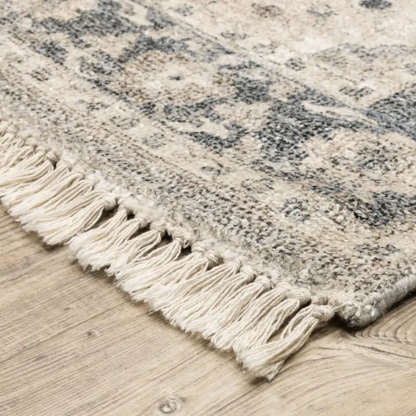 Beige And Grey Oriental Hand Loomed Stain Resistant Area Rug With Fringe Photo 9