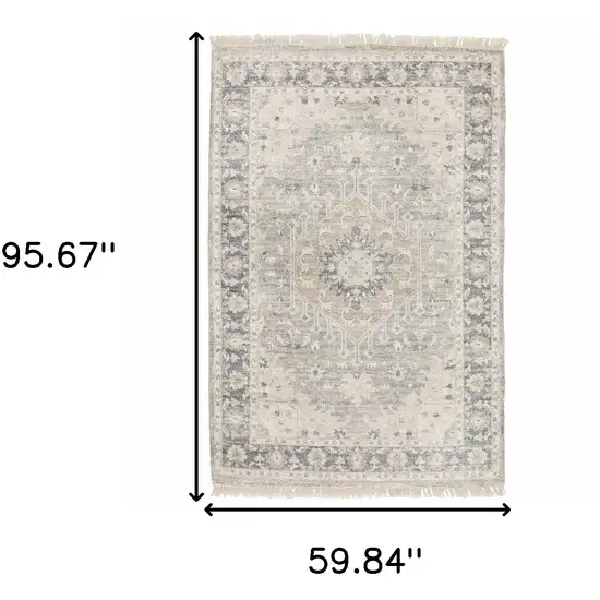 Beige And Grey Oriental Hand Loomed Stain Resistant Area Rug With Fringe Photo 3