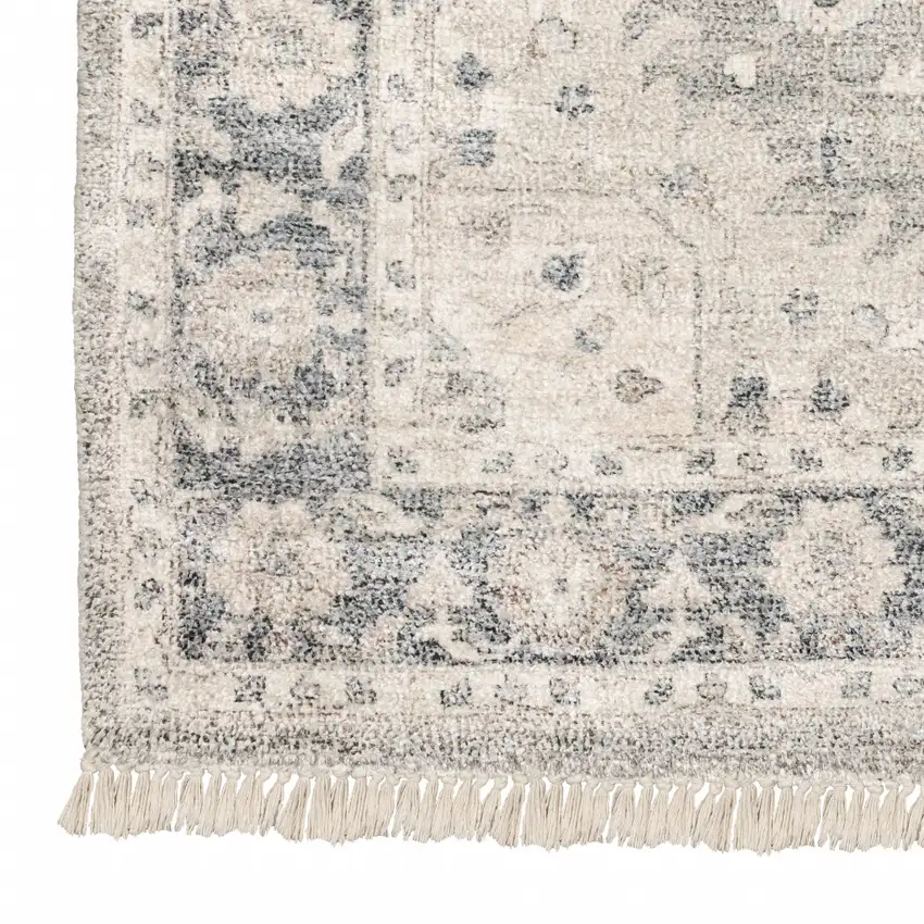Beige And Grey Oriental Hand Loomed Stain Resistant Area Rug With Fringe Photo 4